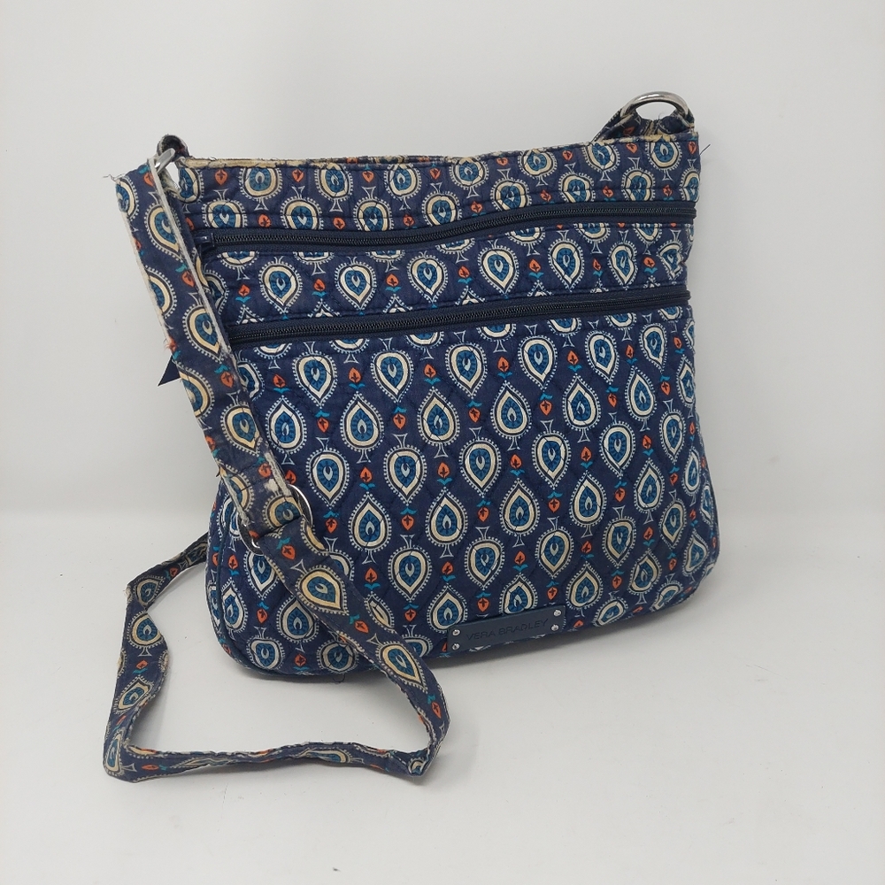 Vera Bradley Blue Spade Triple Zip Hipster Crossbody Handbag Quilted Canvas